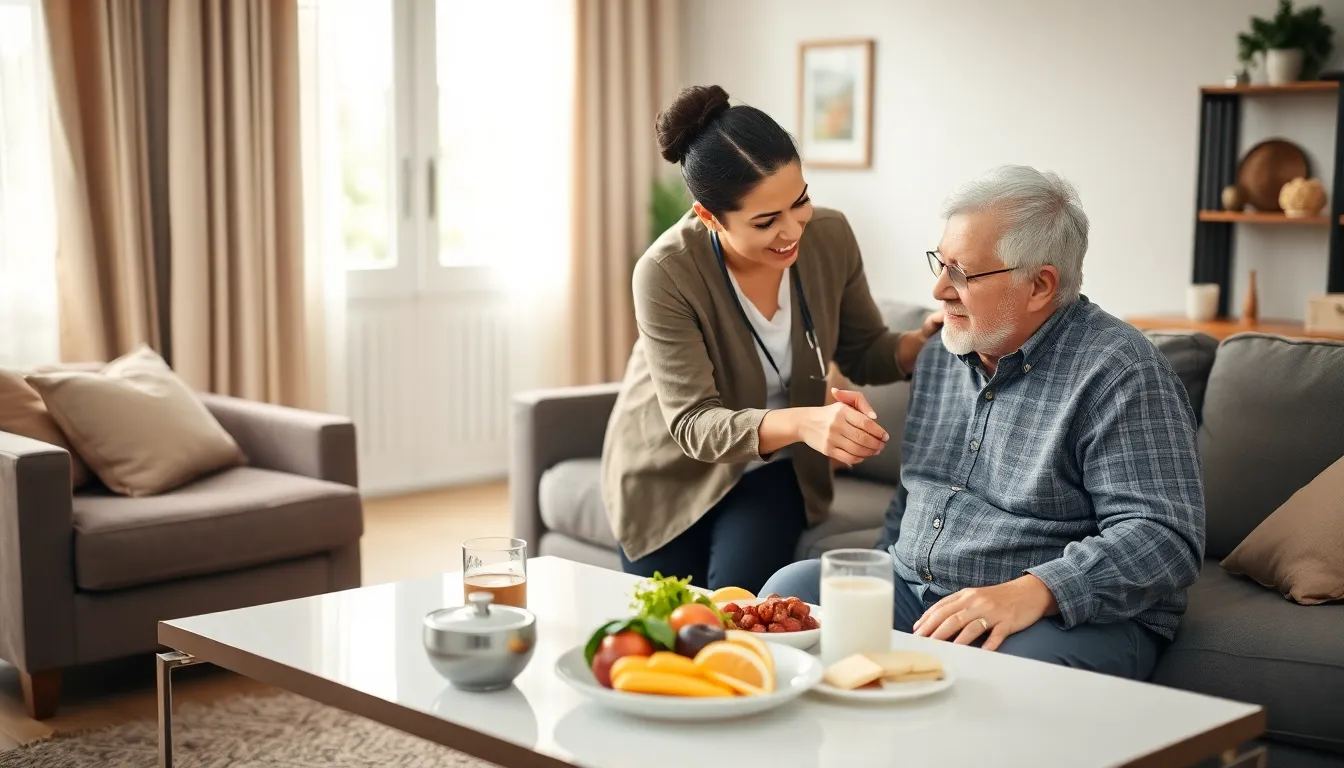 caregiver assisting an elderly man with daily activities at home.